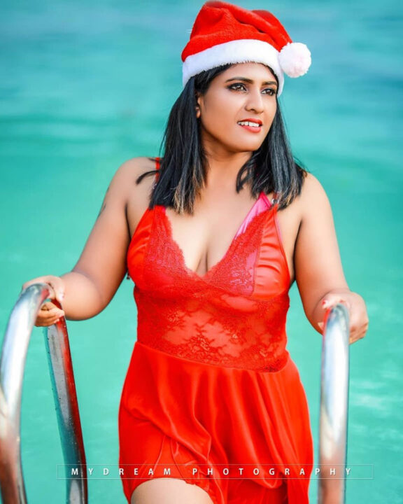 Jeeva Nambiar in beach wear santa dress for Christmas 2021 photoshoot