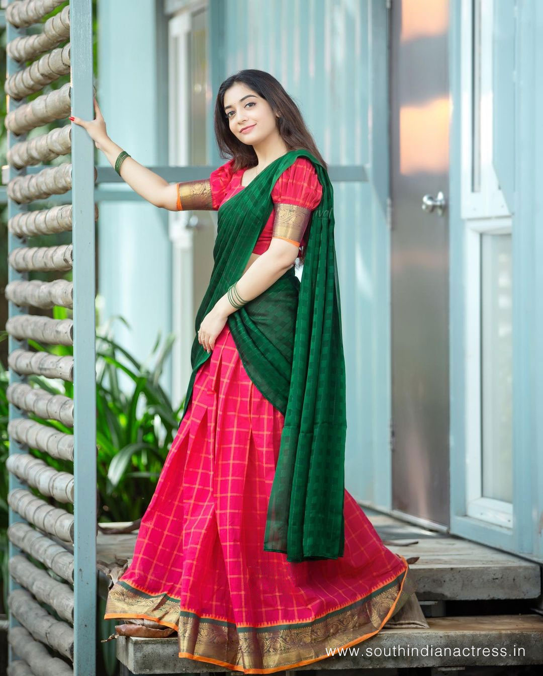 Green and Pink Designer Half Saree – South India Fashion