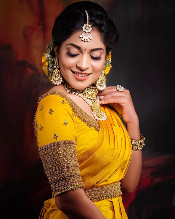 Jashnavi Venkat yellow bridal silk saree