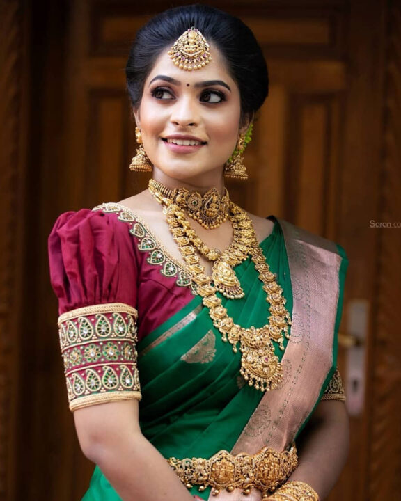 Jashnavi Venkat wearing Kanchipuram bridal silk saree