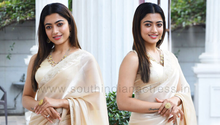 Rashmika Mandanna in saree stills at Pushpa movie interview