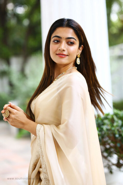 Rashmika Mandanna in saree stills at Pushpa movie interview