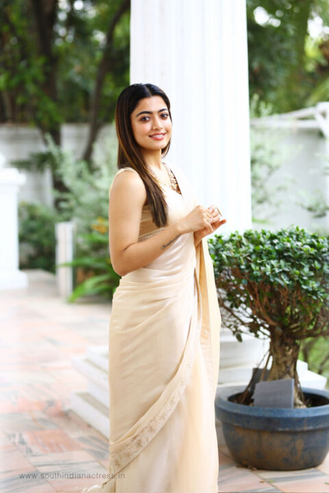 Rashmika Mandanna in saree stills at Pushpa movie interview