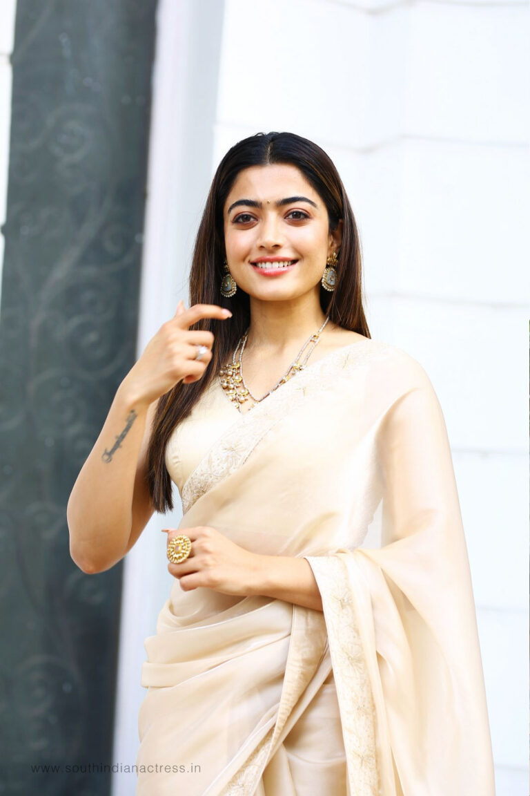 Rashmika Mandanna in saree stills at Pushpa movie interview