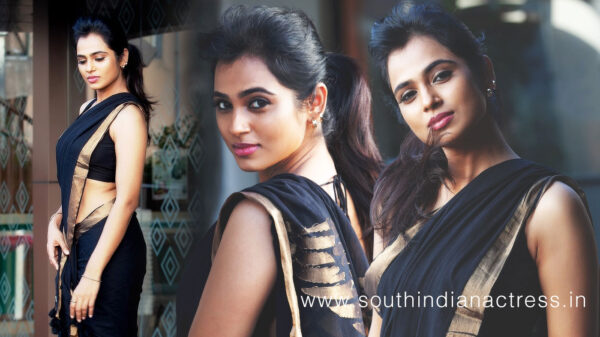 Ramya Pandian in black silk saree photos