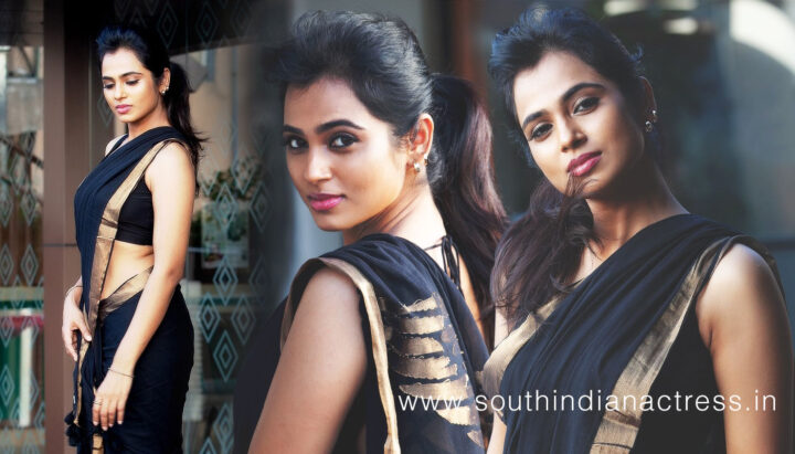 Ramya Pandian in black silk saree photos