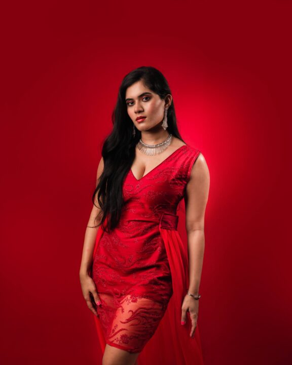 Tara Chowdary in red cocktail party outfit