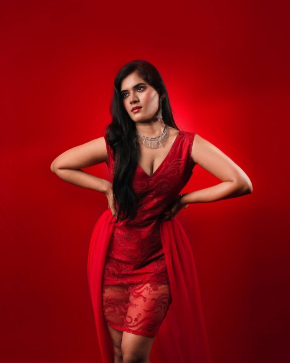 Tara Chowdary in red cocktail party outfit