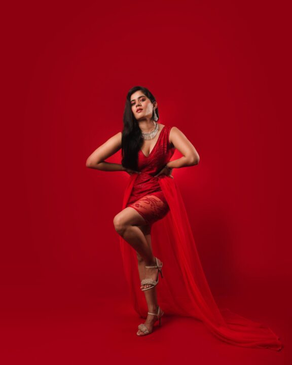 Tara Chowdary in red cocktail party outfit