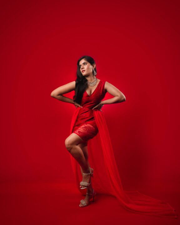 Tara Chowdary in red cocktail party outfit