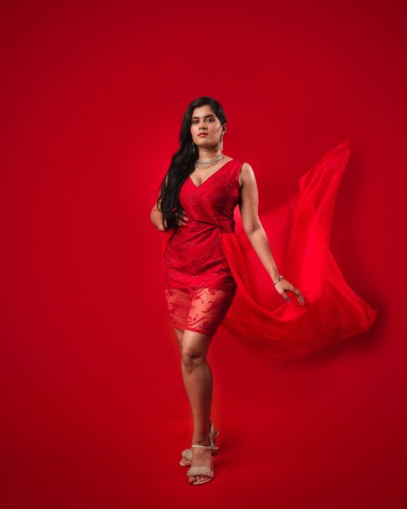 Tara Chowdary in red cocktail party outfit