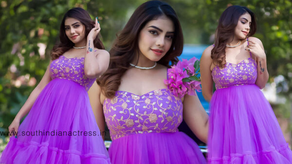 Susmitha Anala stills in purple party wear outfit