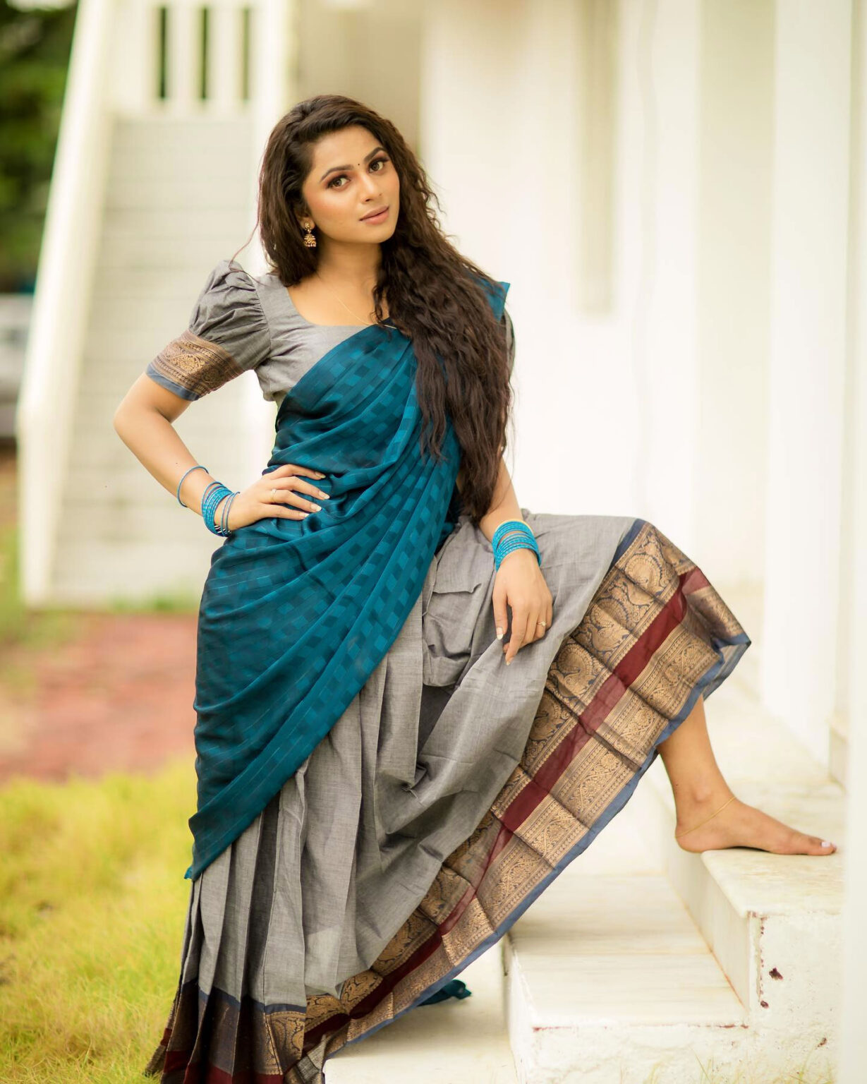 Delna Davis In Peacock Blue Cotton Half Saree - South Indian Actress