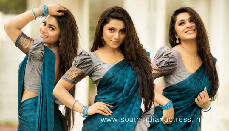 Delna Davis in peacock blue cotton half saree