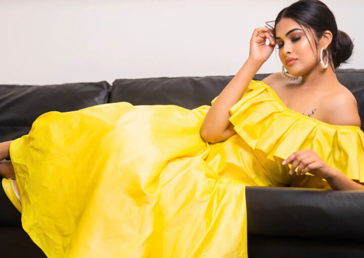 Divi Vadthya in yellow off shoulder outfit