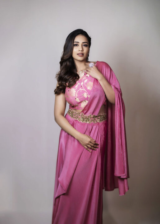 Nivetha Pethuraj in pink pleated drape saree photos