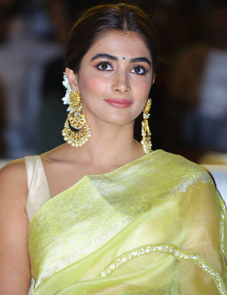 Pooja Hegde in saree stills at Acharya Movie Pre Release Event