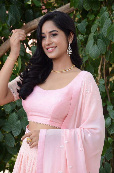 Rishika Lokre in pink lehenga stills at her Telugu debut movie launch