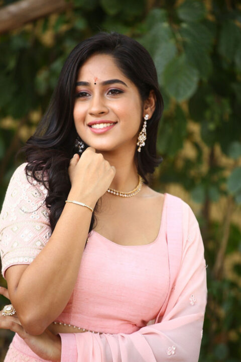 Rishika Lokre in pink lehenga stills at her Telugu debut movie launch