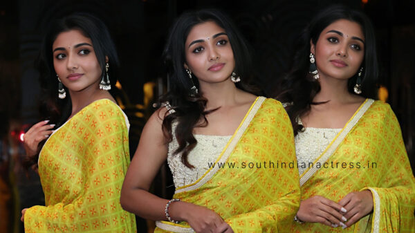 Mirnaa Menon in yellow saree stills at her upcoming Telugu movie Ugram Teaser Launch
