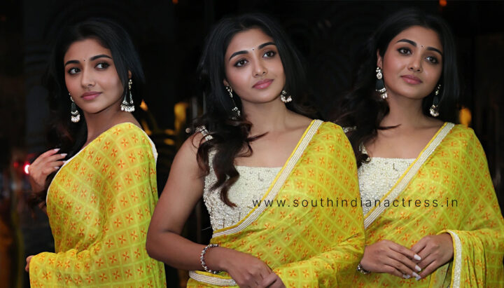 Mirnaa Menon in yellow saree stills at her upcoming Telugu movie Ugram Teaser Launch