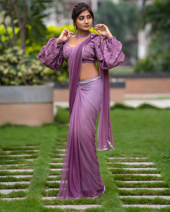 Vasanthi Krishnan in purple saree stills