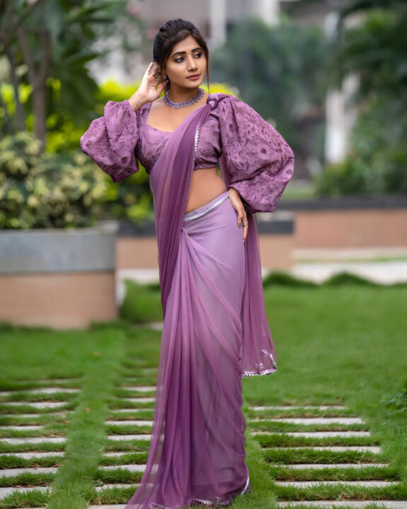 Vasanthi Krishnan in purple saree stills