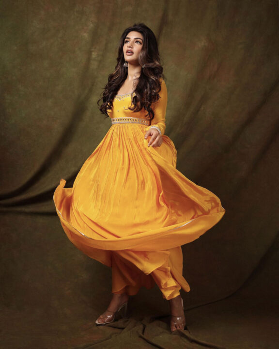 Sreeleela in yellow Anarkali dress photos