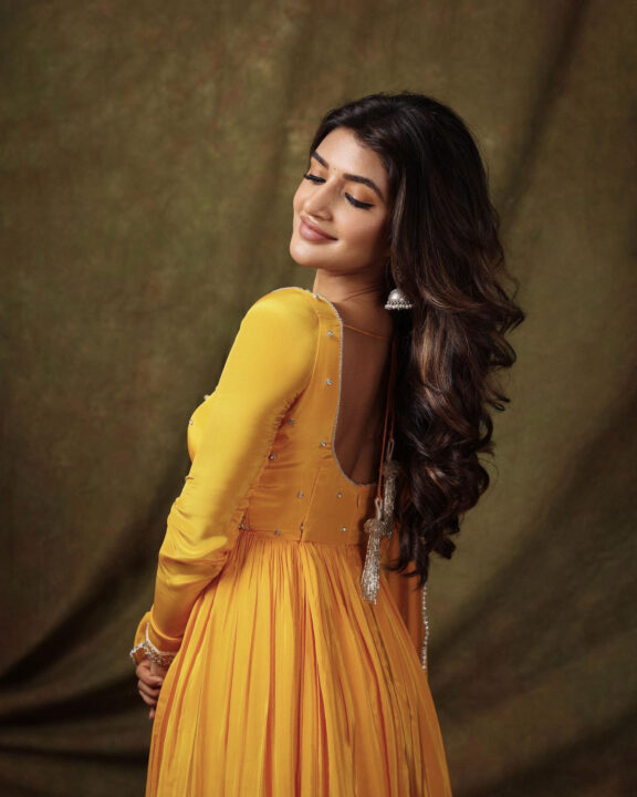 Sreeleela in yellow Anarkali dress photos