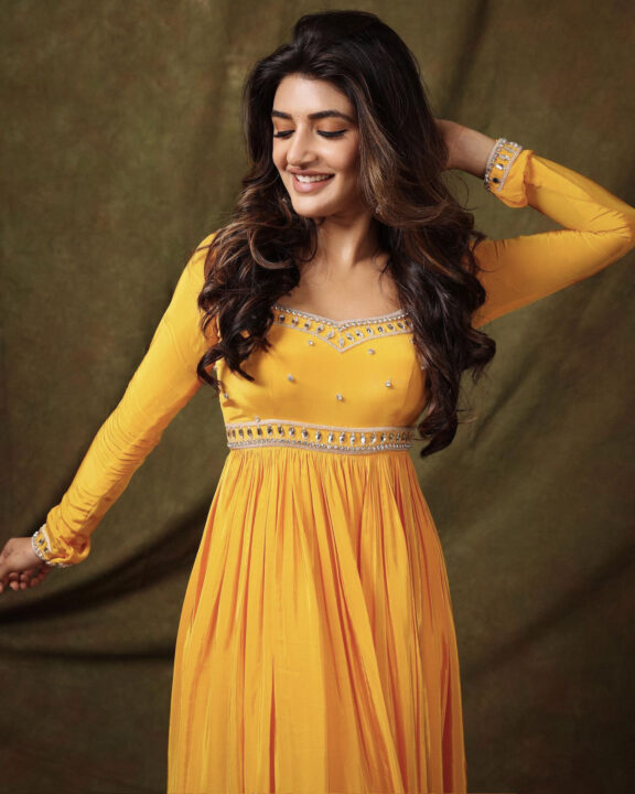 Sreeleela in yellow Anarkali dress photos