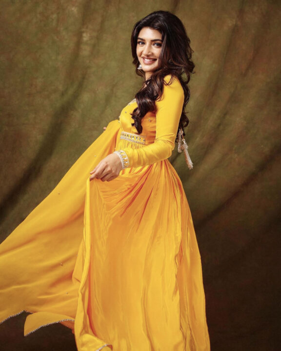 Sreeleela in yellow Anarkali dress photos