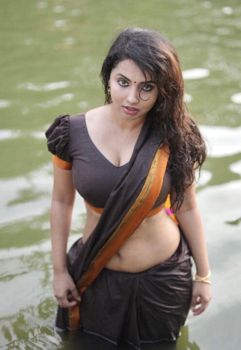 Anicka Vikramman hot navel stills in saree