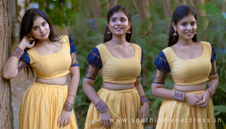 Aruljothi Arockiaraj in pattu pavadai and crop top