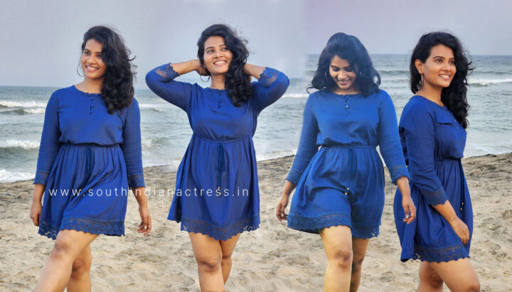 Dhivya Duraisamy in short dress at beach photos