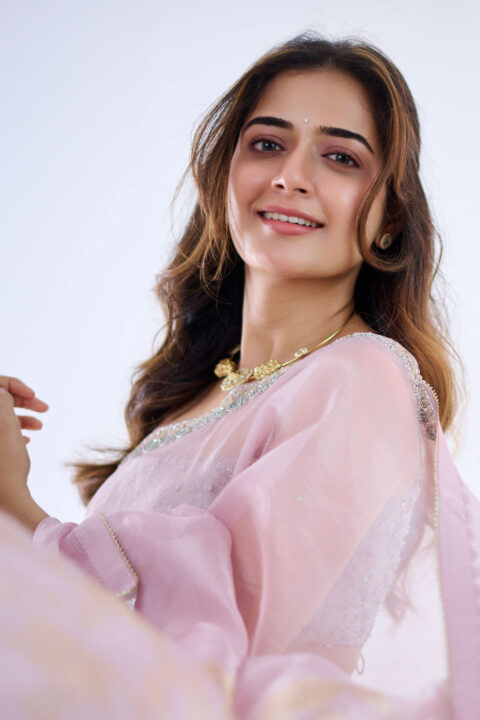 Ashika Ranganath in Pink Lavender Organza Saree photos