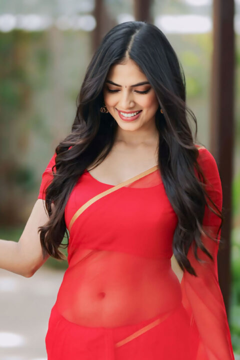 Malavika Mohanan Stunning Look in Red Saree