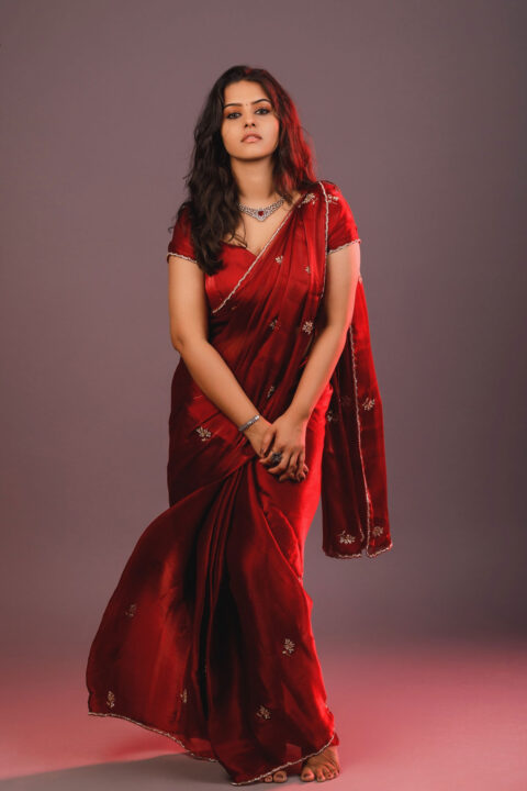 Swasthika Krishnan in Stunning Red Saree on Instagram