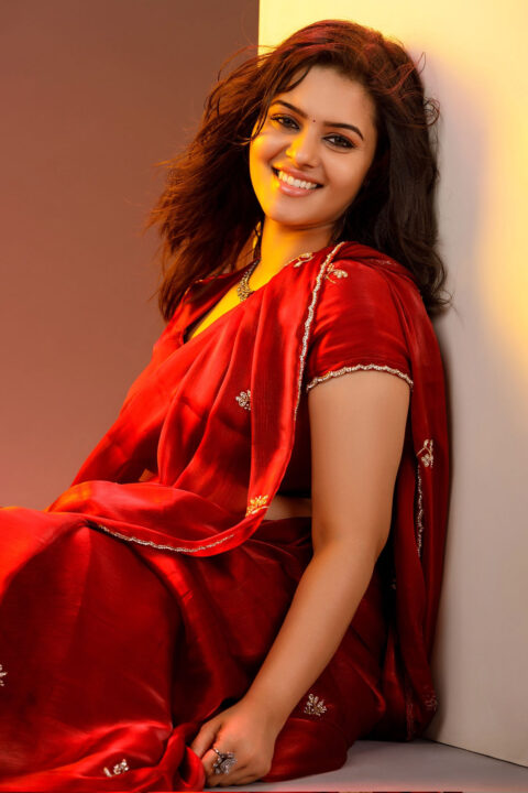 Swasthika Krishnan in Red Saree on Instagram