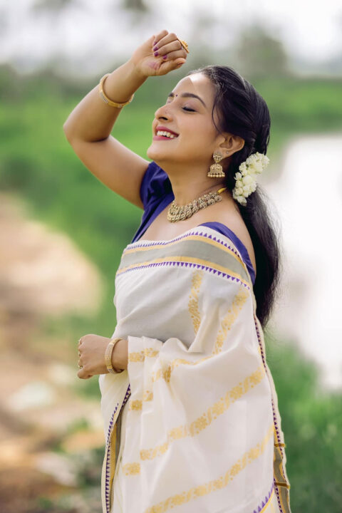 Alphy Panjikaran in Traditional Kerala Saree for Onam 2024