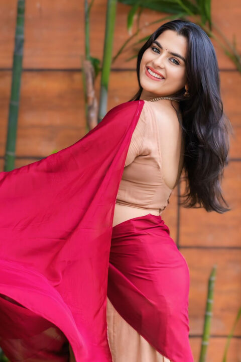 Kavya Kalyanram in Traditional Half Saree with Maroon Shawl