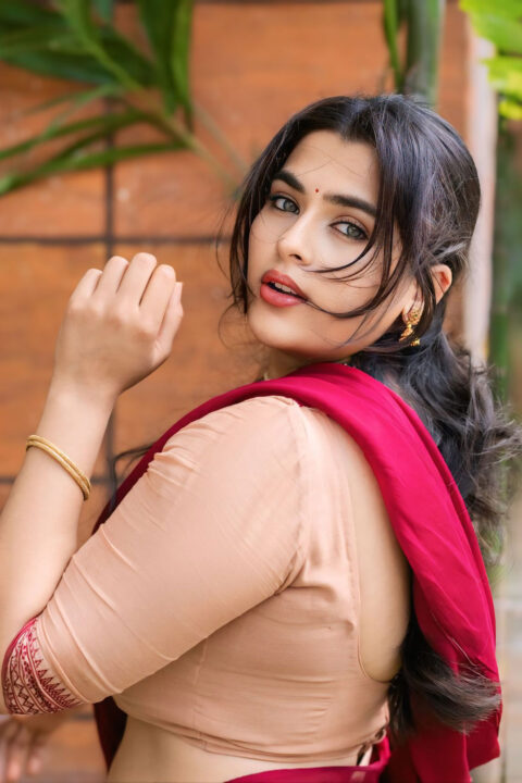 Kavya Kalyanram Impresses in Cream Half Saree and Maroon Shawl