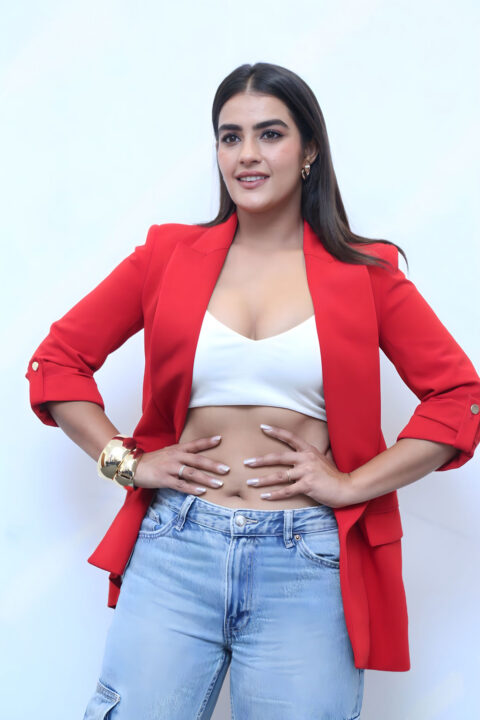 Kavya Thapar Stylish Red Blazers at Double iSmart Interview