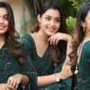 Mokksha in Gorgeous Dark Green Saree at Success Meet