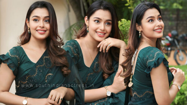 Mokksha in Gorgeous Dark Green Saree at Success Meet