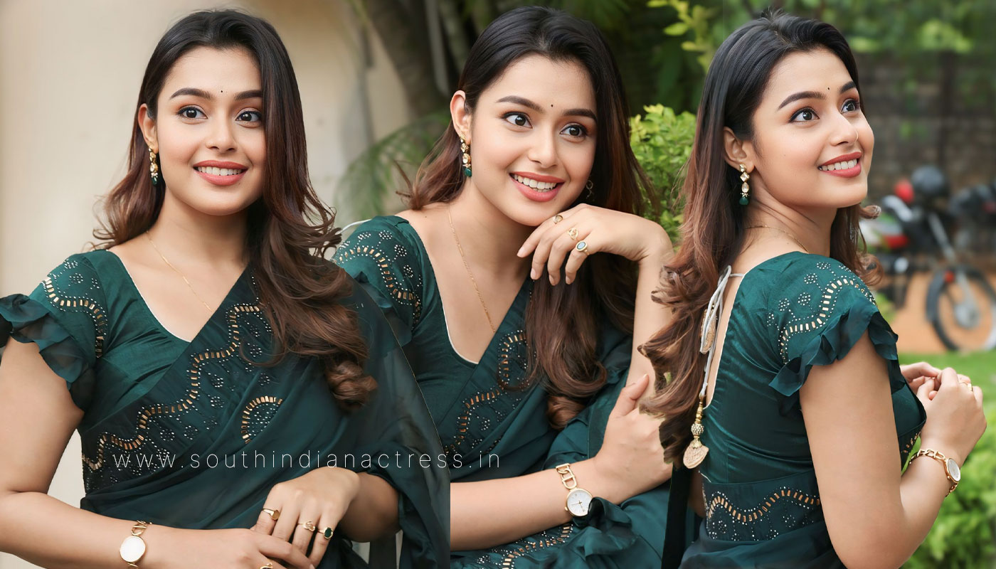 Mokksha in Gorgeous Dark Green Saree at Success Meet