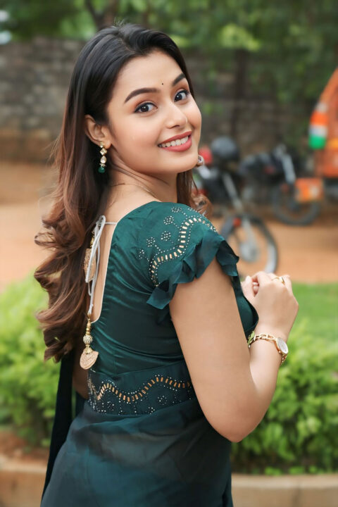 Mokksha Elegant Look in Green Saree at Alanati Ramachandrudu Event