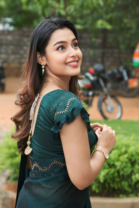 Mokksha’s Stunning Green Saree Look at Alanati Ramachandrudu Meet