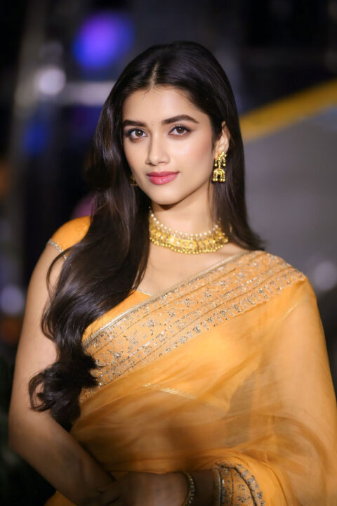 Bhagyashri Borse Stuns in Yellow Saree at Mr. Bachchan Pre-Release