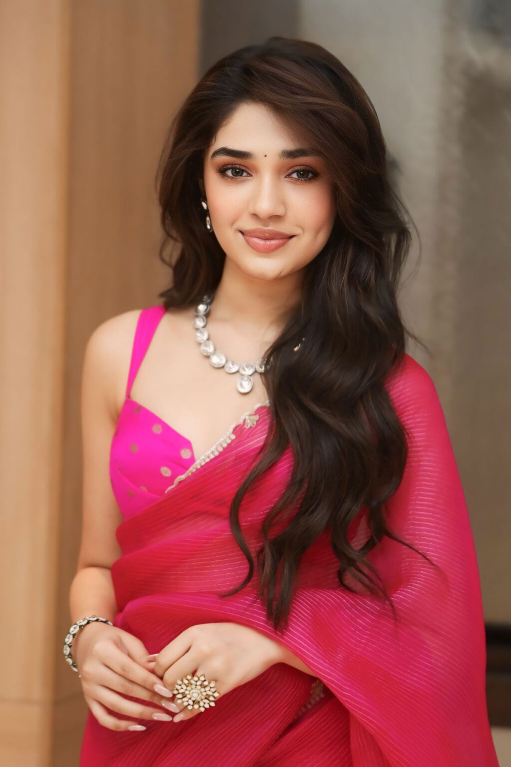 Krithi Krithi Shetty Shines in Pink Saree at ARM Meet - South Indian Actress