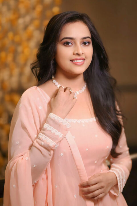 Sri Divya in Light Peach Anarkali at Sathyam Sundaram Event